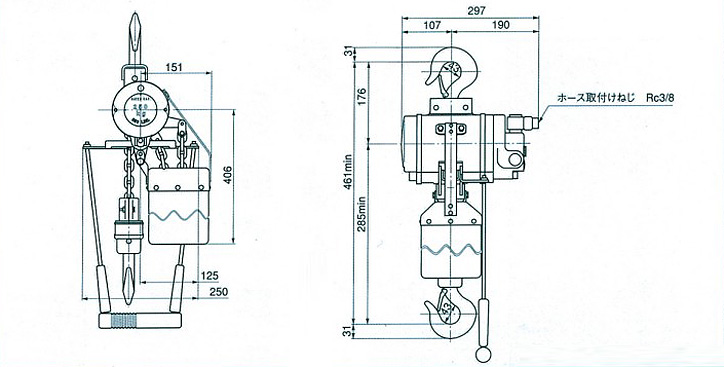 RHL-250拉桿式氣動葫蘆尺寸圖片