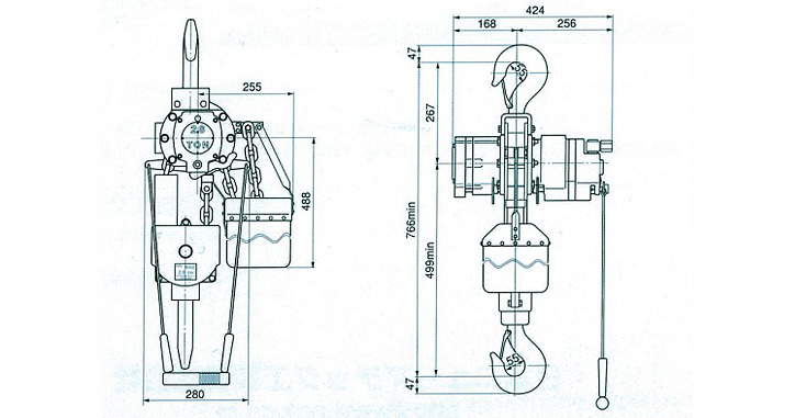 RHL-2800拉桿式氣動葫蘆尺寸參數(shù)